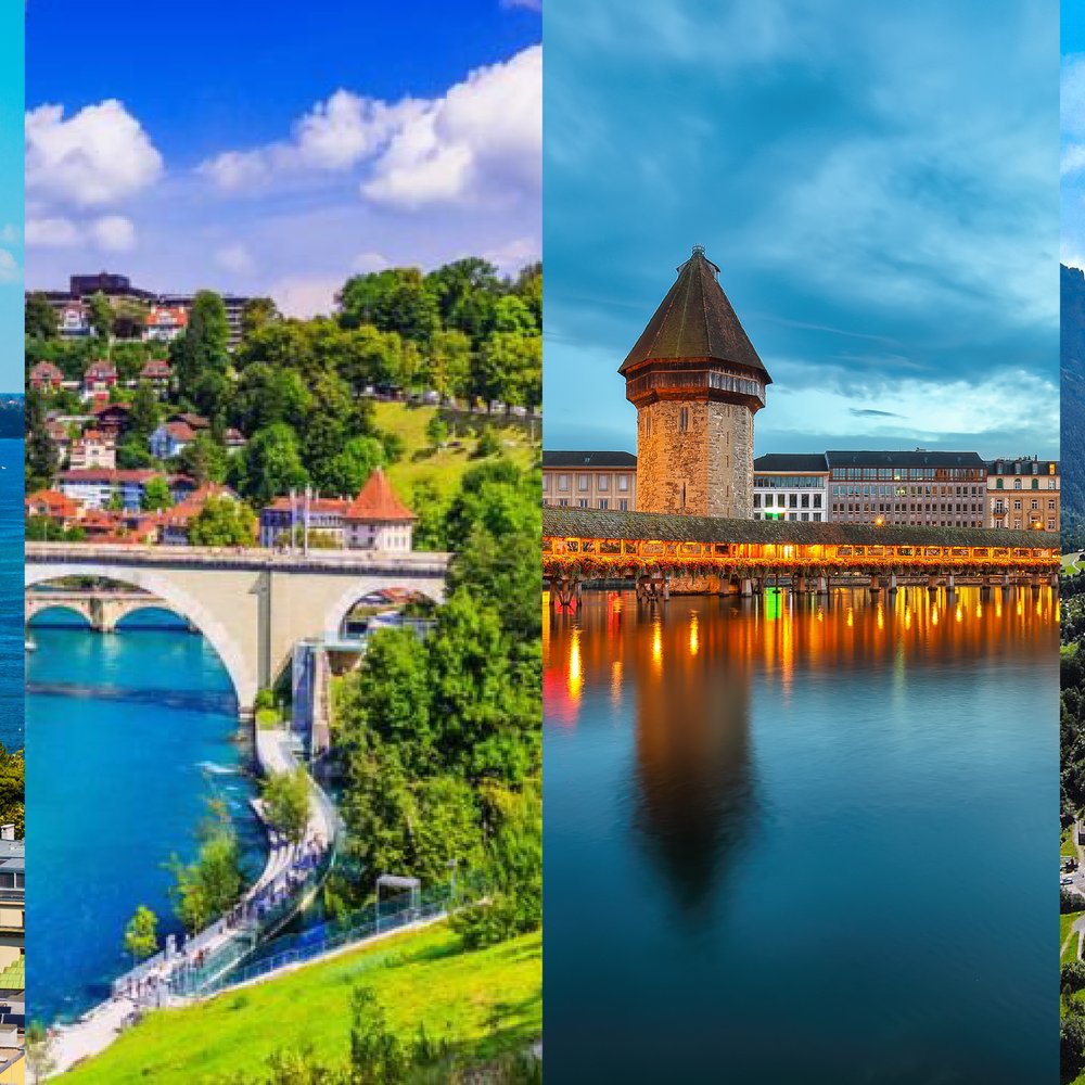4 farkli isviçre sehrinden kolaj. Soldan saga Cenevre su fiskiyesi, Bern aare köprüsü, Luzern sapel köprüsü, Lauterbrunnen selalesi,