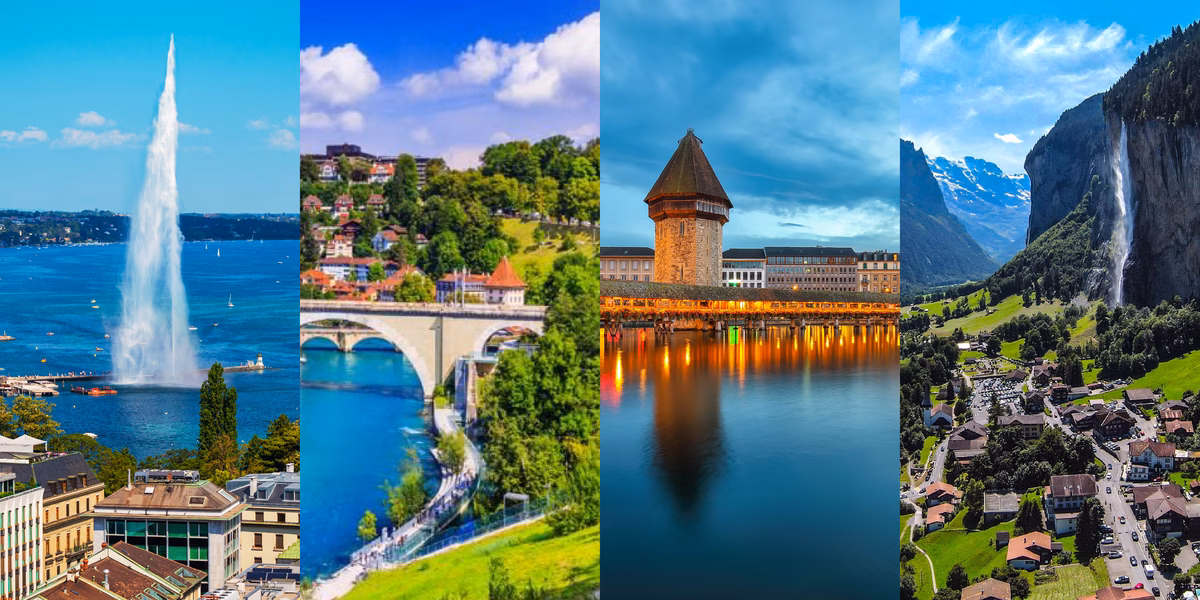 4 farkli isviçre sehrinden kolaj. Soldan saga Cenevre su fiskiyesi, Bern aare köprüsü, Luzern sapel köprüsü, Lauterbrunnen selalesi,