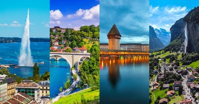 4 farkli isviçre sehrinden kolaj. Soldan saga Cenevre su fiskiyesi, Bern aare köprüsü, Luzern sapel köprüsü, Lauterbrunnen selalesi,